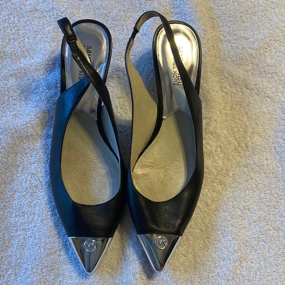 Michael Kors Black and Silver Pointed Slingback Heels